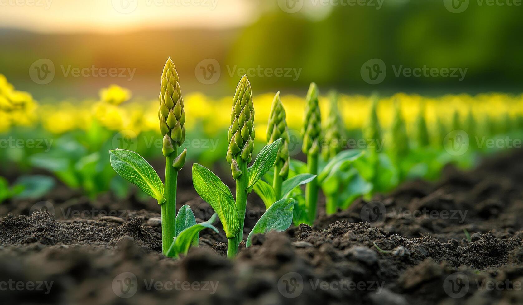 A field of green plants with a few flowers in the foreground. The plants are growing in the dirt and the sun is shining on them photo