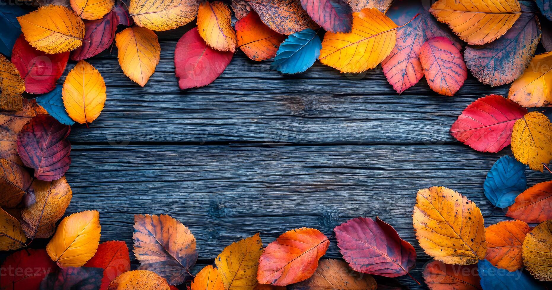 A wooden frame with a border of autumn leaves. The leaves are of different colors, including red, orange, and yellow. The frame is on a wooden surface, and the leaves are scattered around the frame photo
