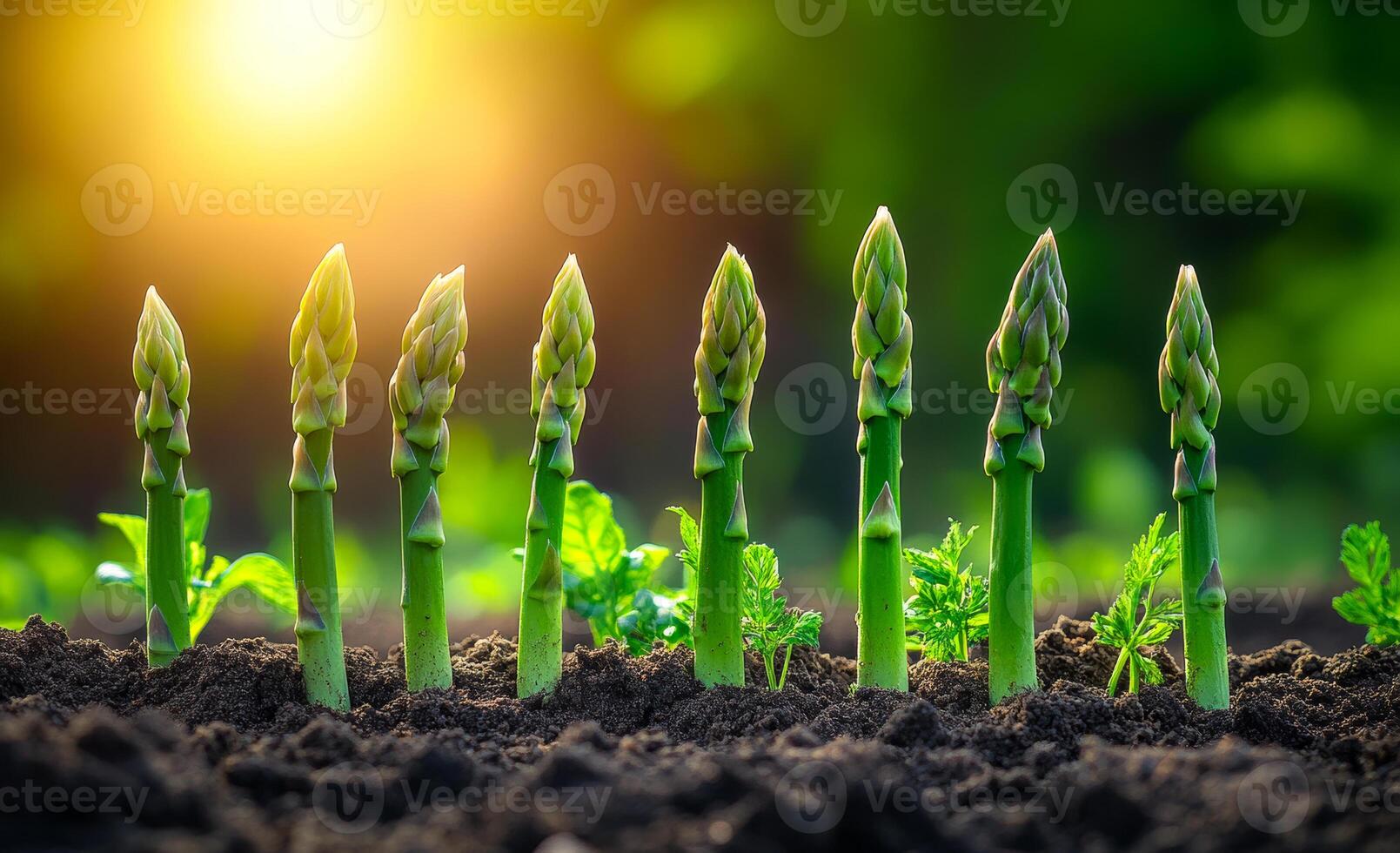 A group of asparagus plants are growing in the dirt, with each plant standing upright and reaching towards the sky. The plants are all of the same size and are evenly spaced out, creating a neat photo