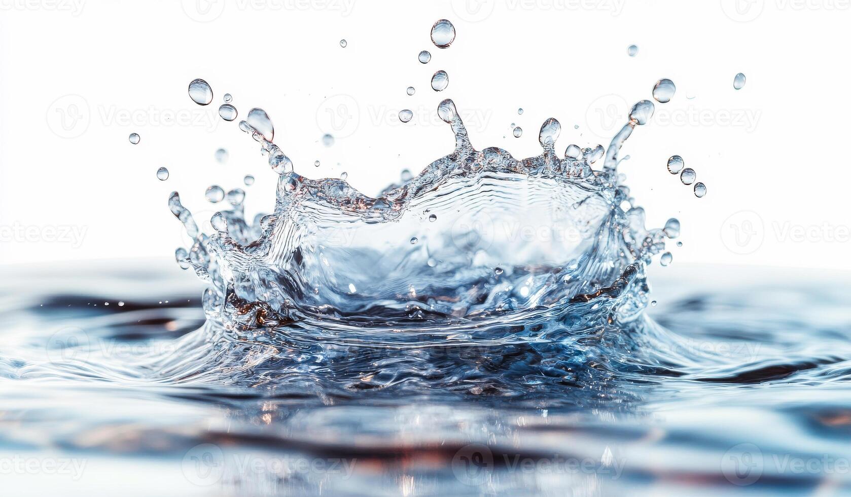 A splash of water with many small droplets. The water is clear and calm. Concept of tranquility and peacefulness photo
