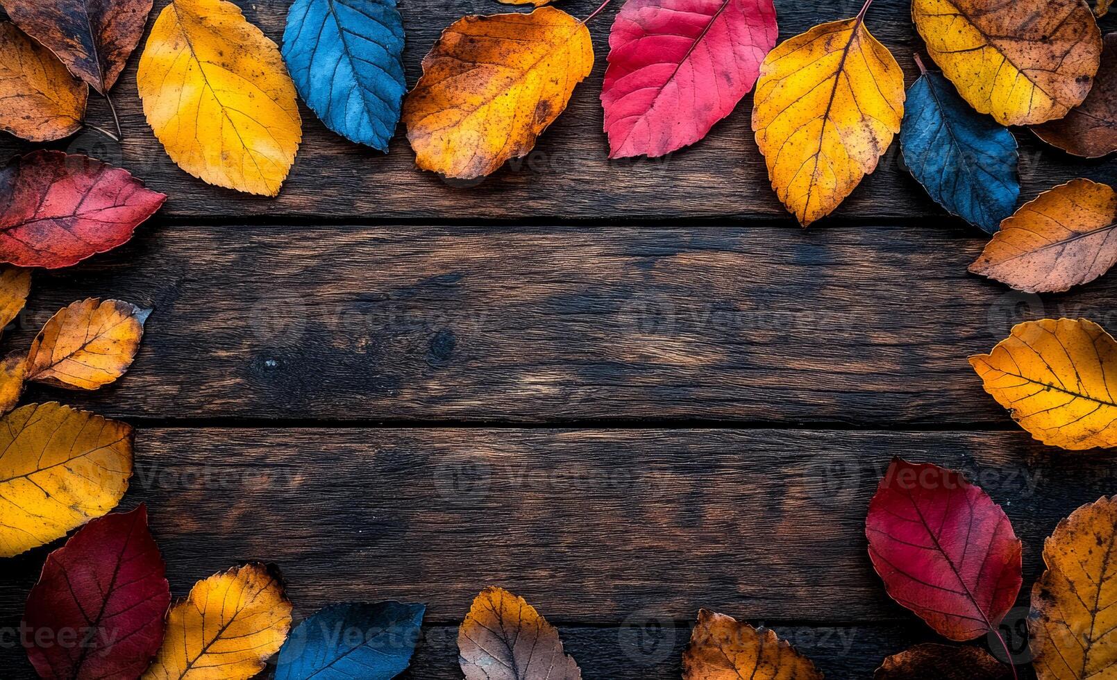 A wooden frame with a colorful leaf border. The frame is made of wood and the leaves are of different colors photo