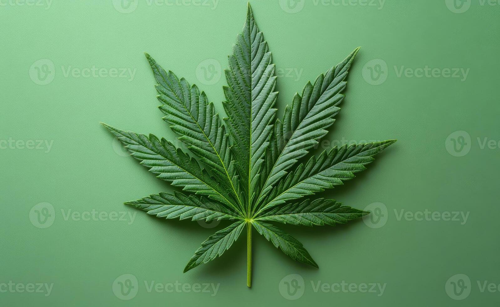 A leafy green marijuana plant is displayed on a green background. The leafy green plant is the main focus of the image, and it is the most prominent element photo
