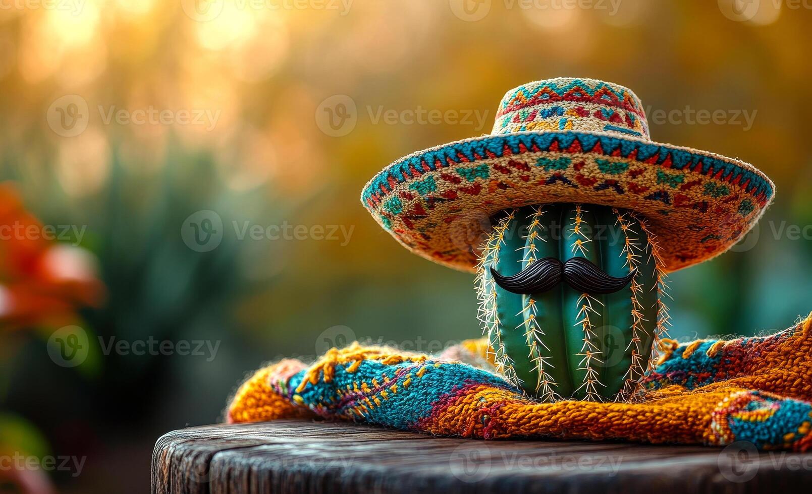 A cactus wearing a sombrero and mustache. The cactus is sitting on a table next to a colorful blanket photo