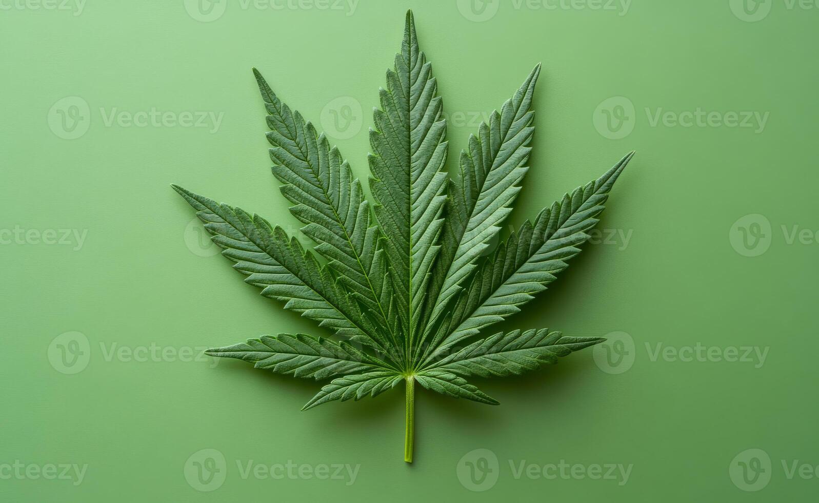 A leaf of a marijuana plant is shown on a green background. The leaf is the main focus of the image, and it is the most prominent part of the scene. The green background adds a sense of freshness photo