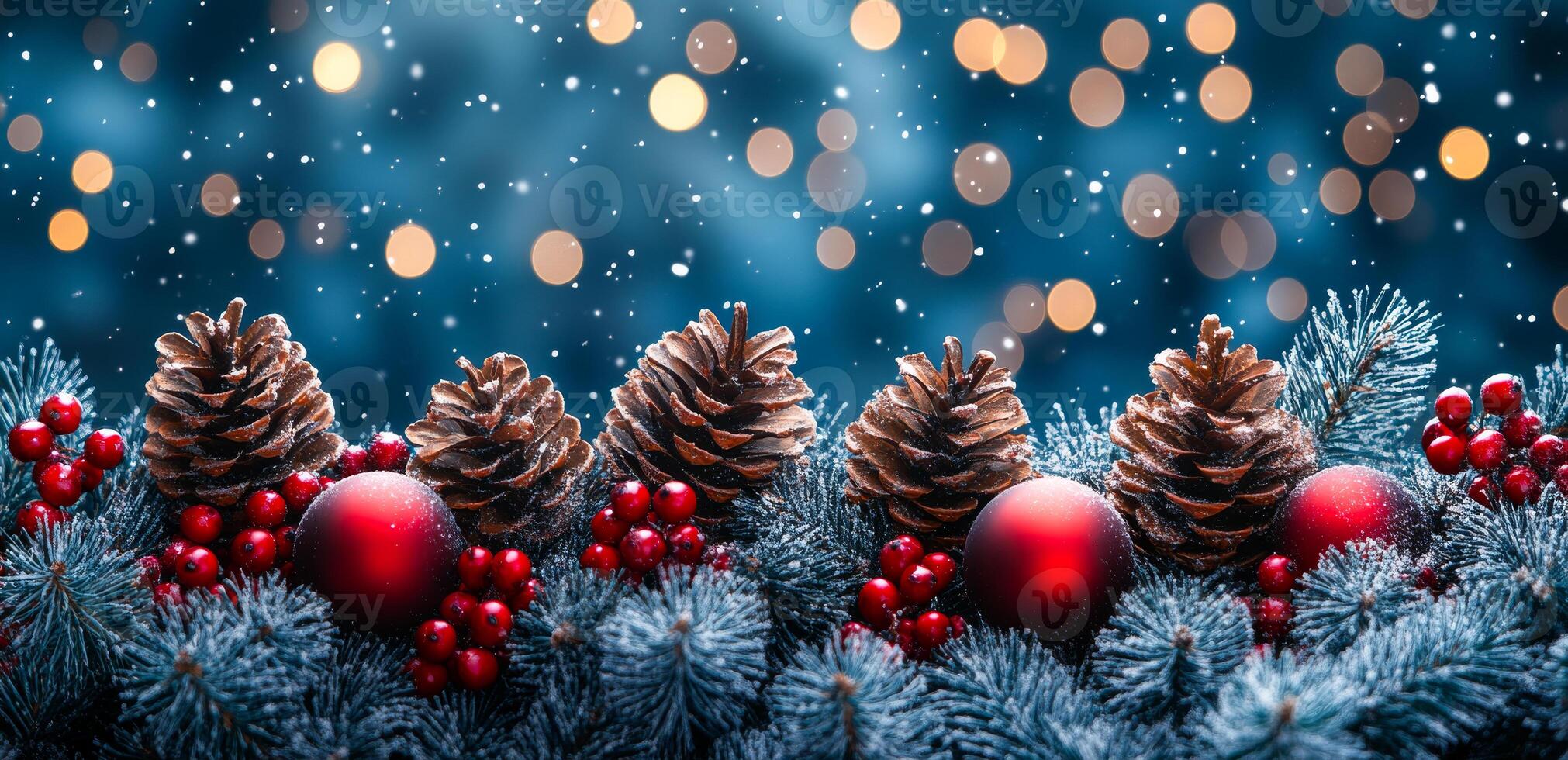 A Christmas tree with red and green pine cones and red and green balls. The pine cones are on the left side of the tree and the balls are on the right side photo