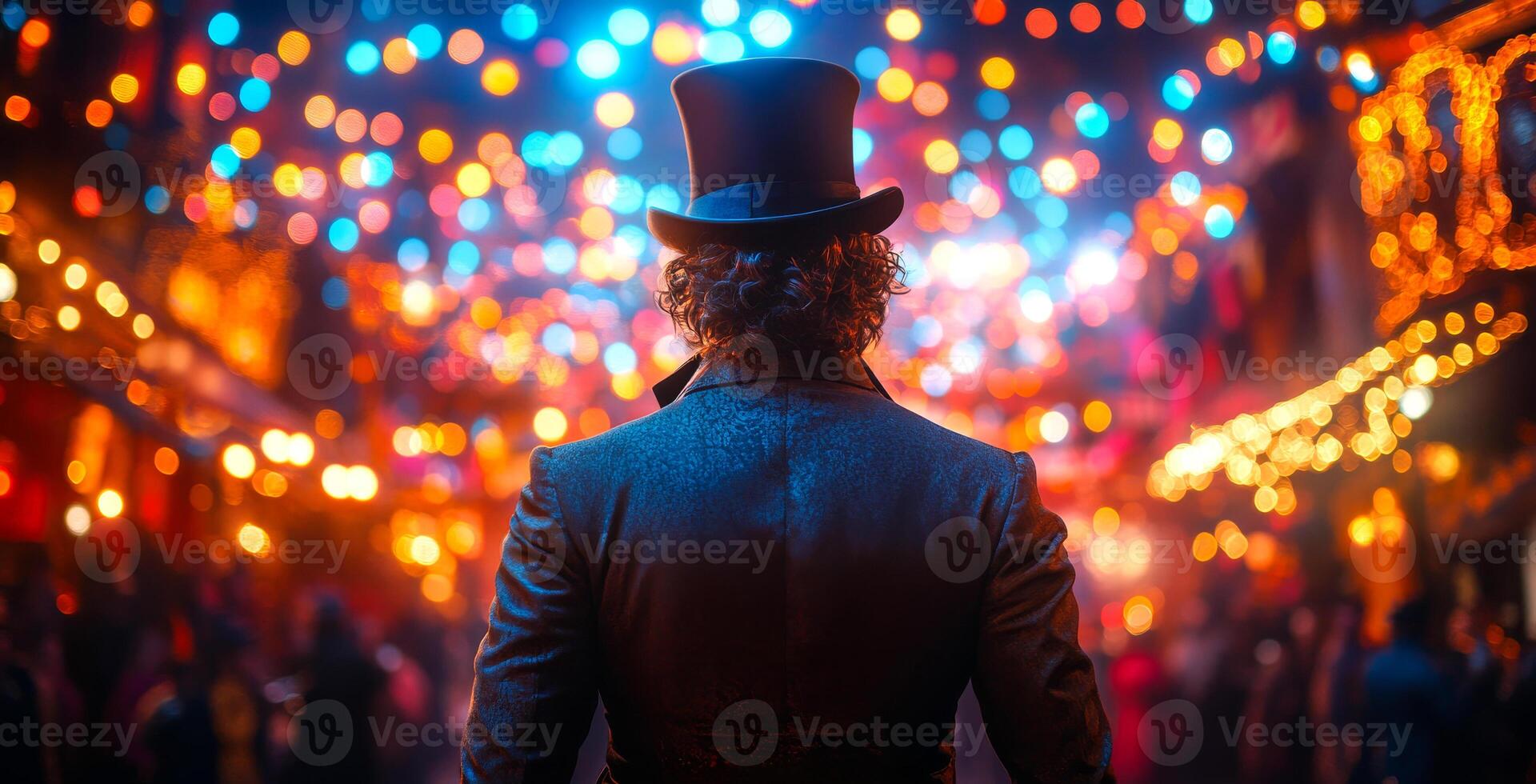 A man in a top hat stands in front of a crowd of people. The scene is set in a brightly lit room with colorful lights and decorations. The man is a performer, possibly a magician or a clown photo