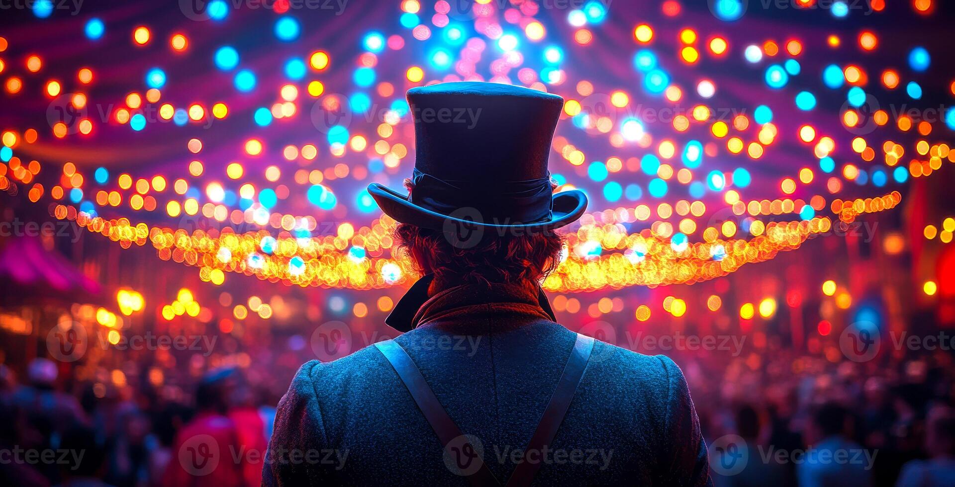 A man in a top hat stands in front of a crowd of people. The image is a bright and colorful scene, with a lot of lights and a festive atmosphere photo