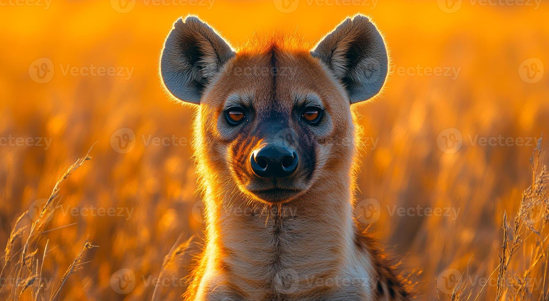 A wild animal with a brown face and brown fur stands in a field of tall grass. The animal has a curious expression on its face, and the sun is shining brightly on it, creating a warm photo