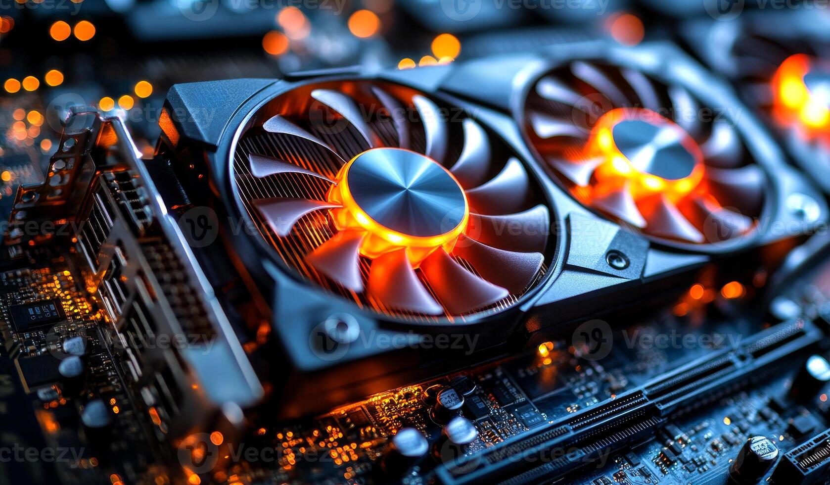 A computer fan is lit up with orange lights. The fan is on a motherboard with other computer parts photo