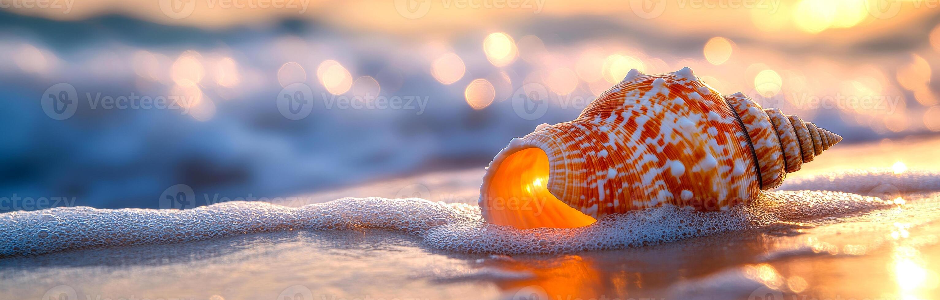 A shell is laying on the sand at the beach. The shell is orange and white, and it is partially submerged in the water. The scene is peaceful and serene, with the sun setting in the background photo