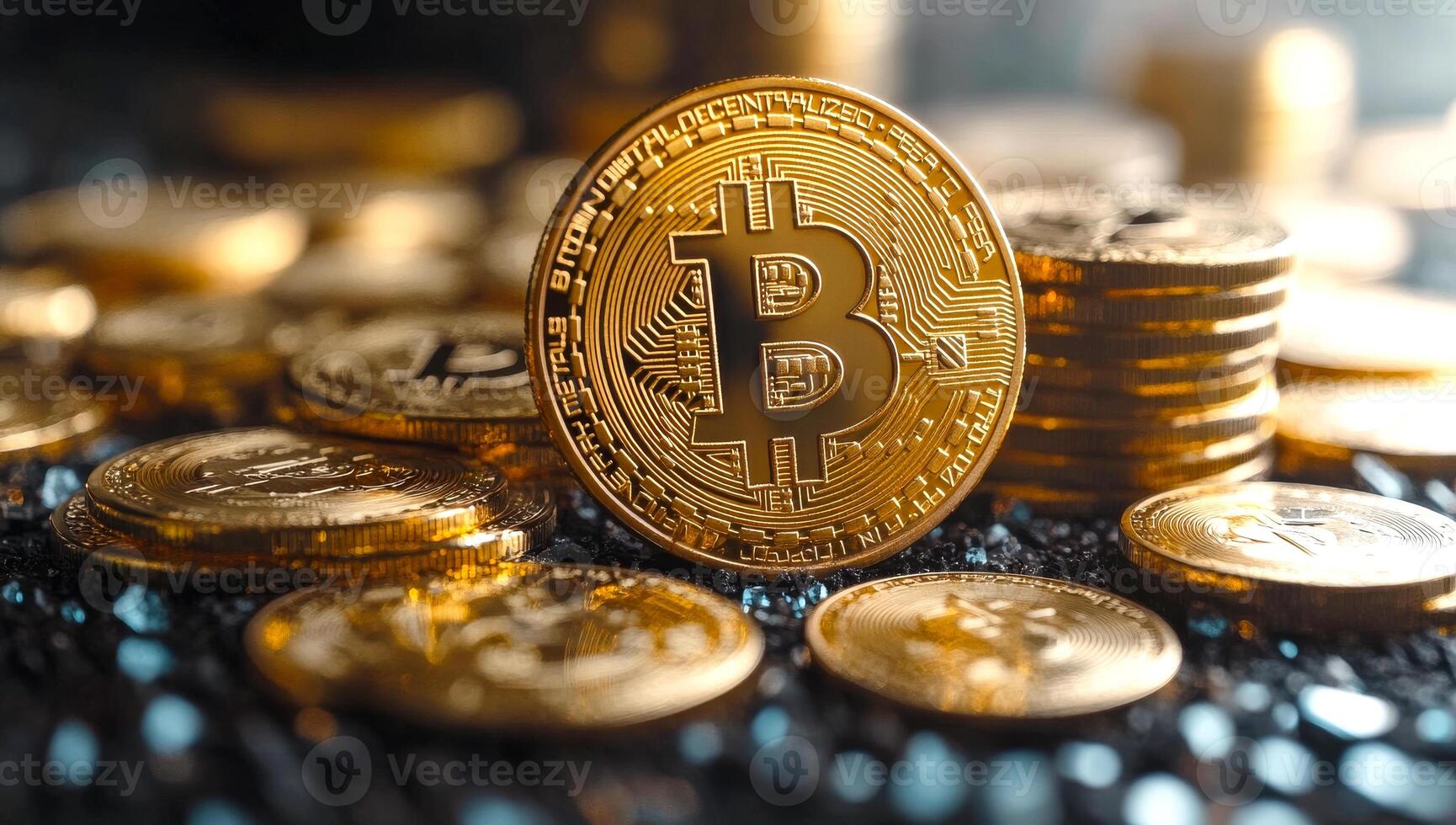 A pile of gold coins with a B on top. The coins are stacked on top of each other, with the B coin in the middle. Concept of wealth and abundance, as the gold coins are piled high photo