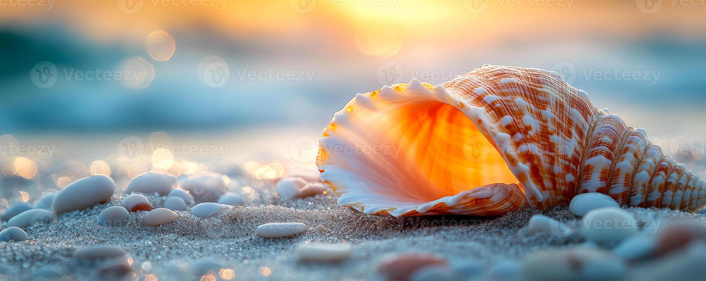 A shell is laying on the sand, with the sun shining on it. The shell is open, revealing its interior. The scene is peaceful and serene, with the shell and sand creating a calming atmosphere photo
