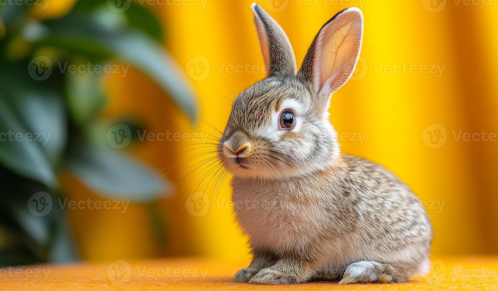 A small rabbit is sitting on a yellow surface. The rabbit has brown fur and is looking at the camera photo