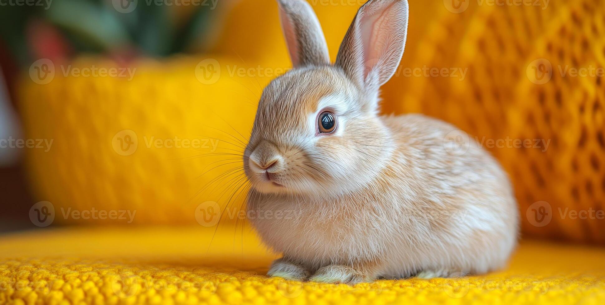 A small brown rabbit is sitting on a yellow blanket. The rabbit is looking at the camera with its eyes wide open photo