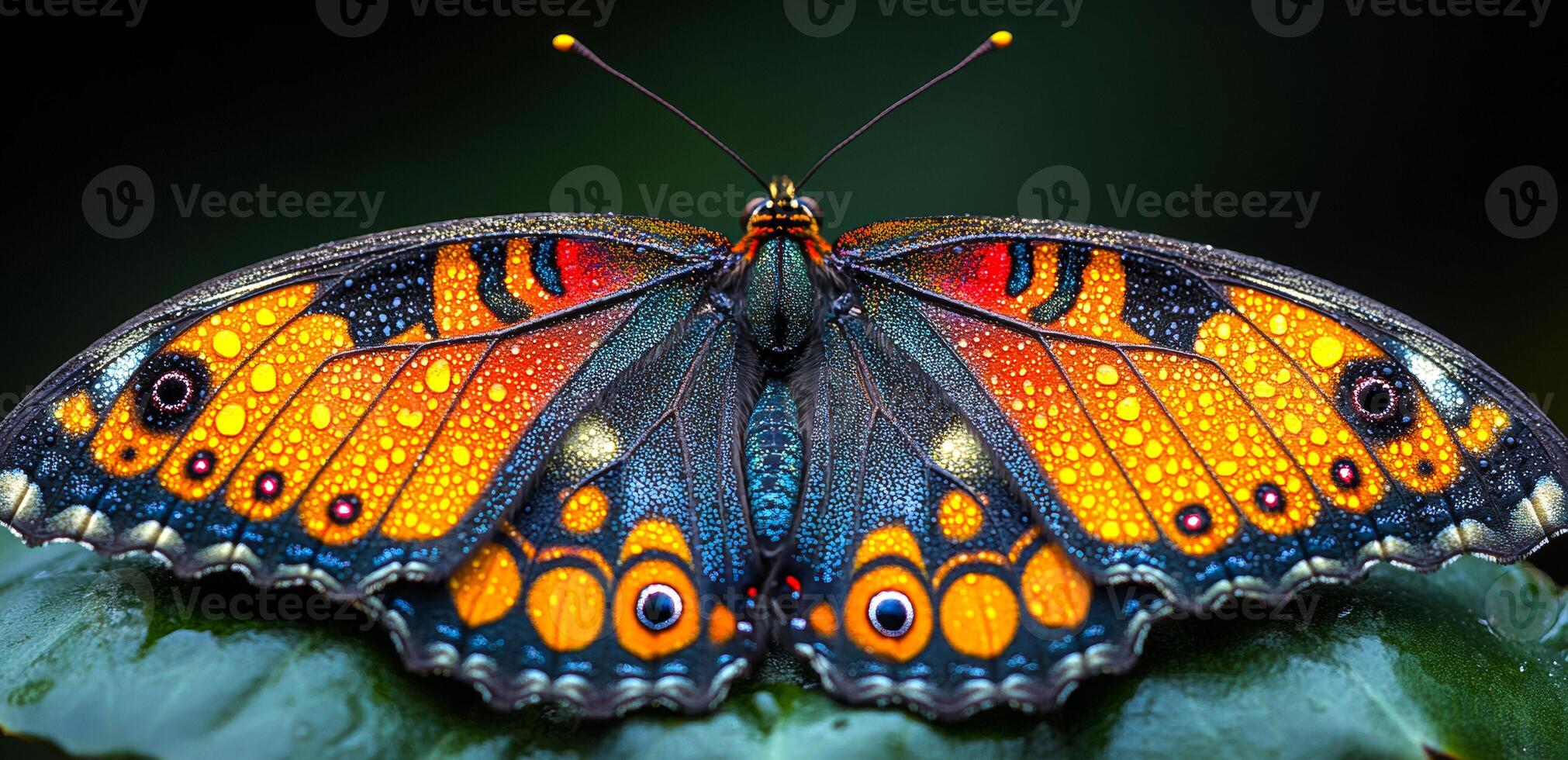 A butterfly with orange and blue wings is sitting on a leaf. The butterfly is the main focus of the image, and the colors of its wings create a sense of vibrancy and beauty photo