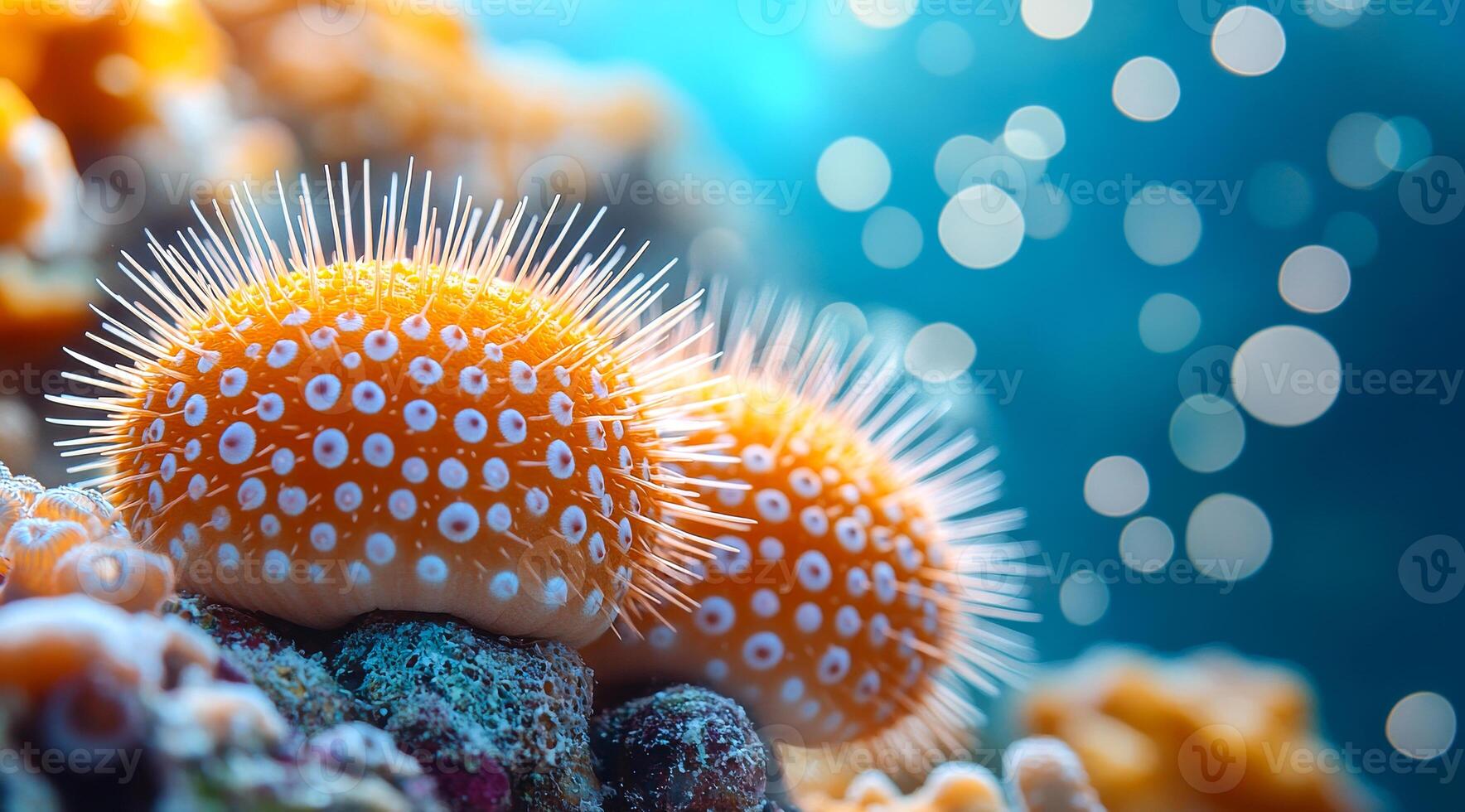 A close up of two orange sea creatures with white spots. The image has a serene and peaceful mood, as the creatures are surrounded by a calm blue ocean photo