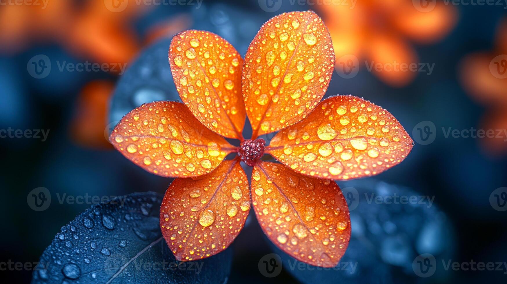 A close up of a flower with droplets of water on it. The flower is orange and the water droplets are blue. The image has a serene and calming mood photo