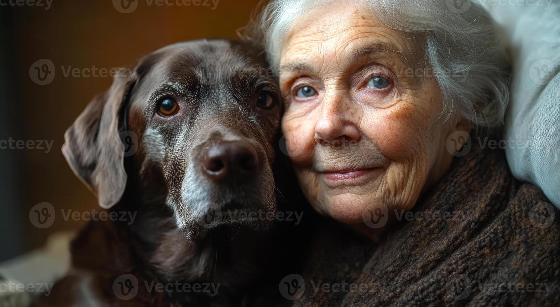 A woman and a dog are sitting together on a couch. The woman has a smile on her face and the dog looks content. Concept of warmth and companionship between the two photo
