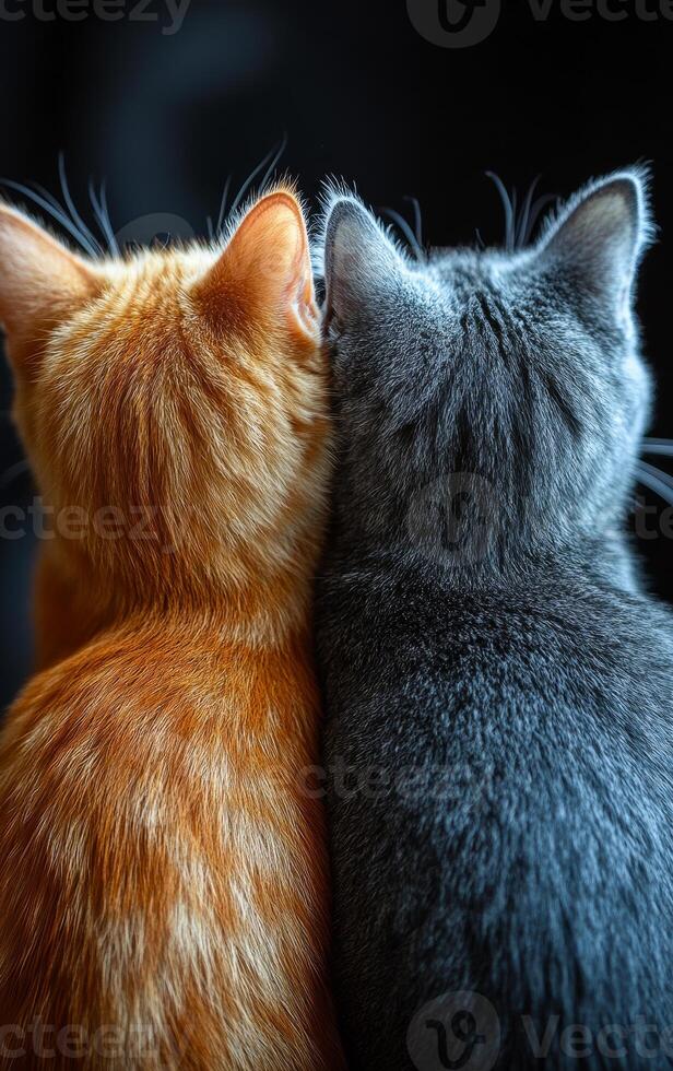 Two cats are sitting next to each other, one is orange and the other is gray. Concept of companionship and warmth between the two cats photo