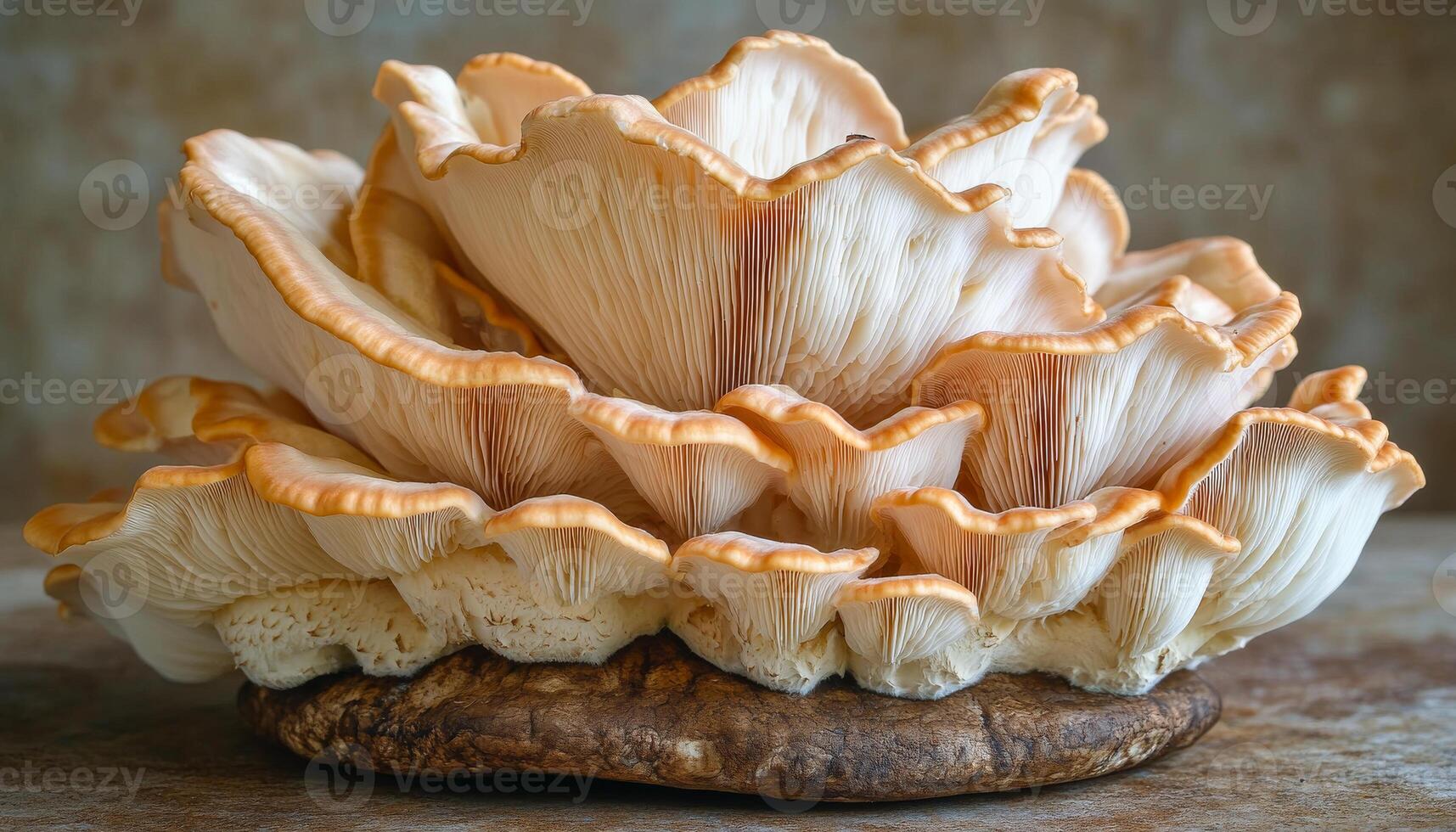A large mushroom with orange caps and stems. The mushroom is on a wooden surface. The mushroom is very large and has a lot of detail photo