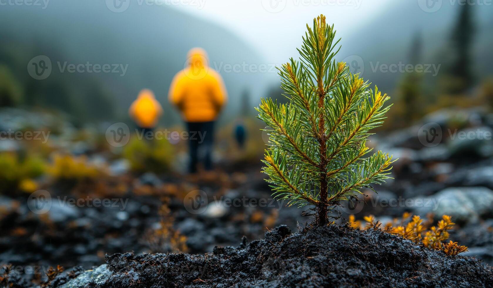 A small tree is growing in the dirt. The tree is surrounded by rocks and the sky is cloudy photo
