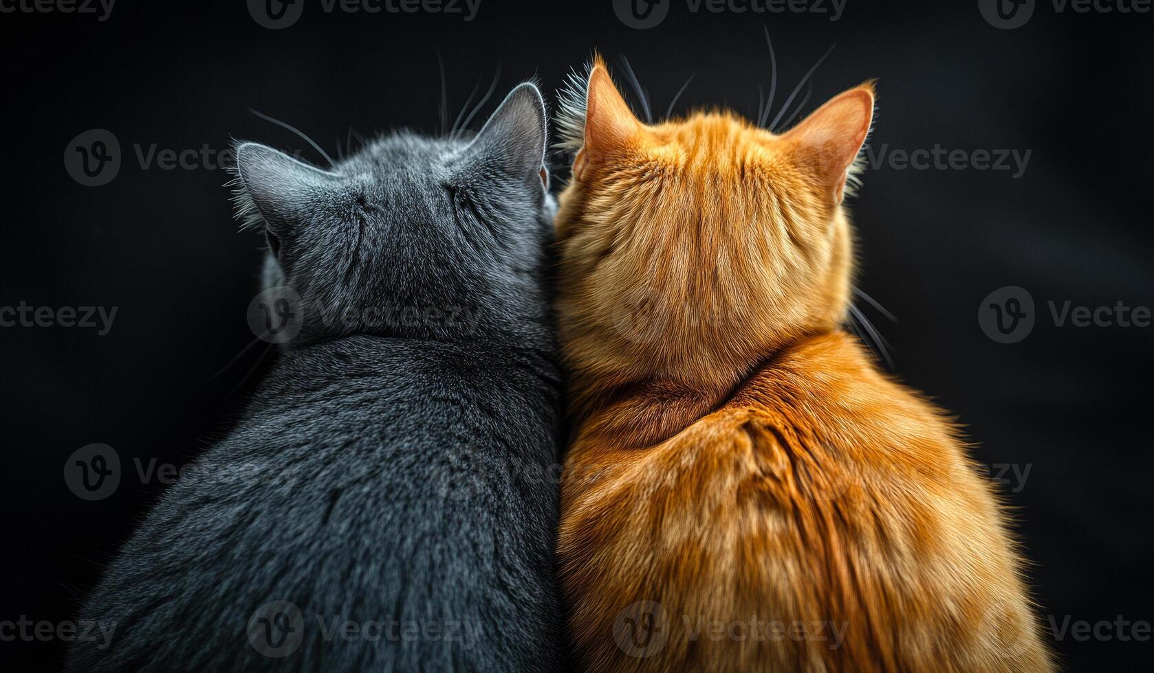 Two cats are sitting next to each other on a black background. One is gray and the other is orange photo