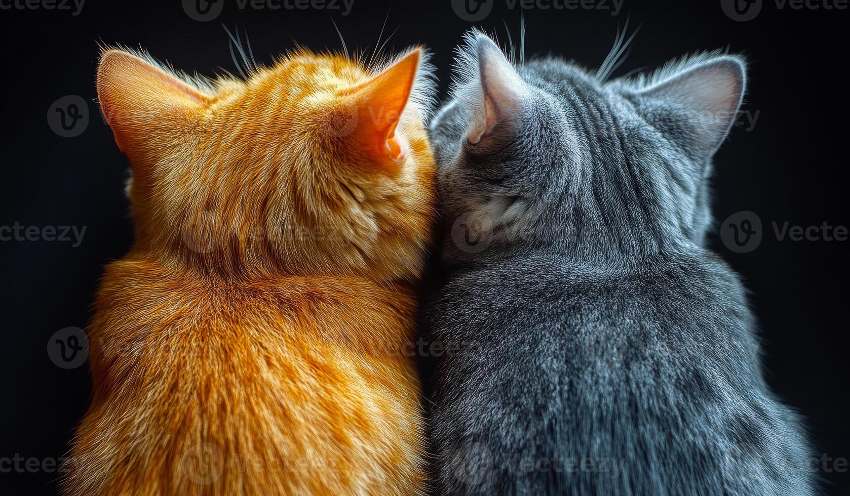 Two cats are sitting next to each other, one is orange and the other is gray. The orange cat is looking at the gray cat, and the gray cat is looking back at the orange cat photo