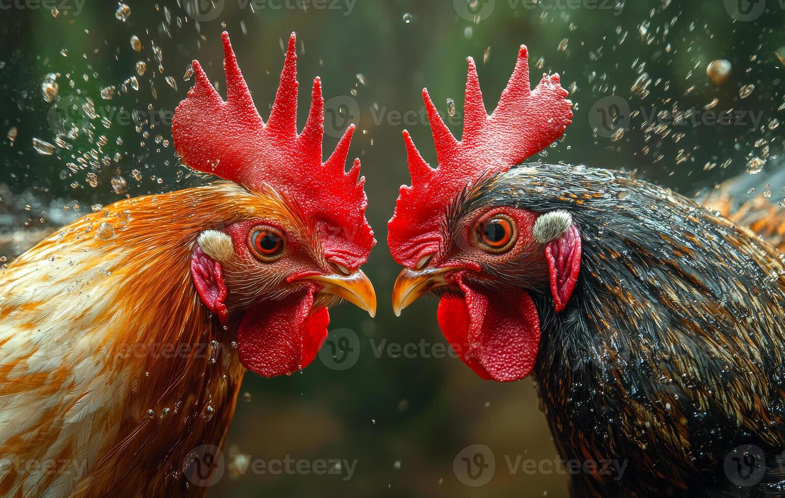 Two chickens facing each other with one of them having a red beak. The other one has a black beak. Cockfighting photo