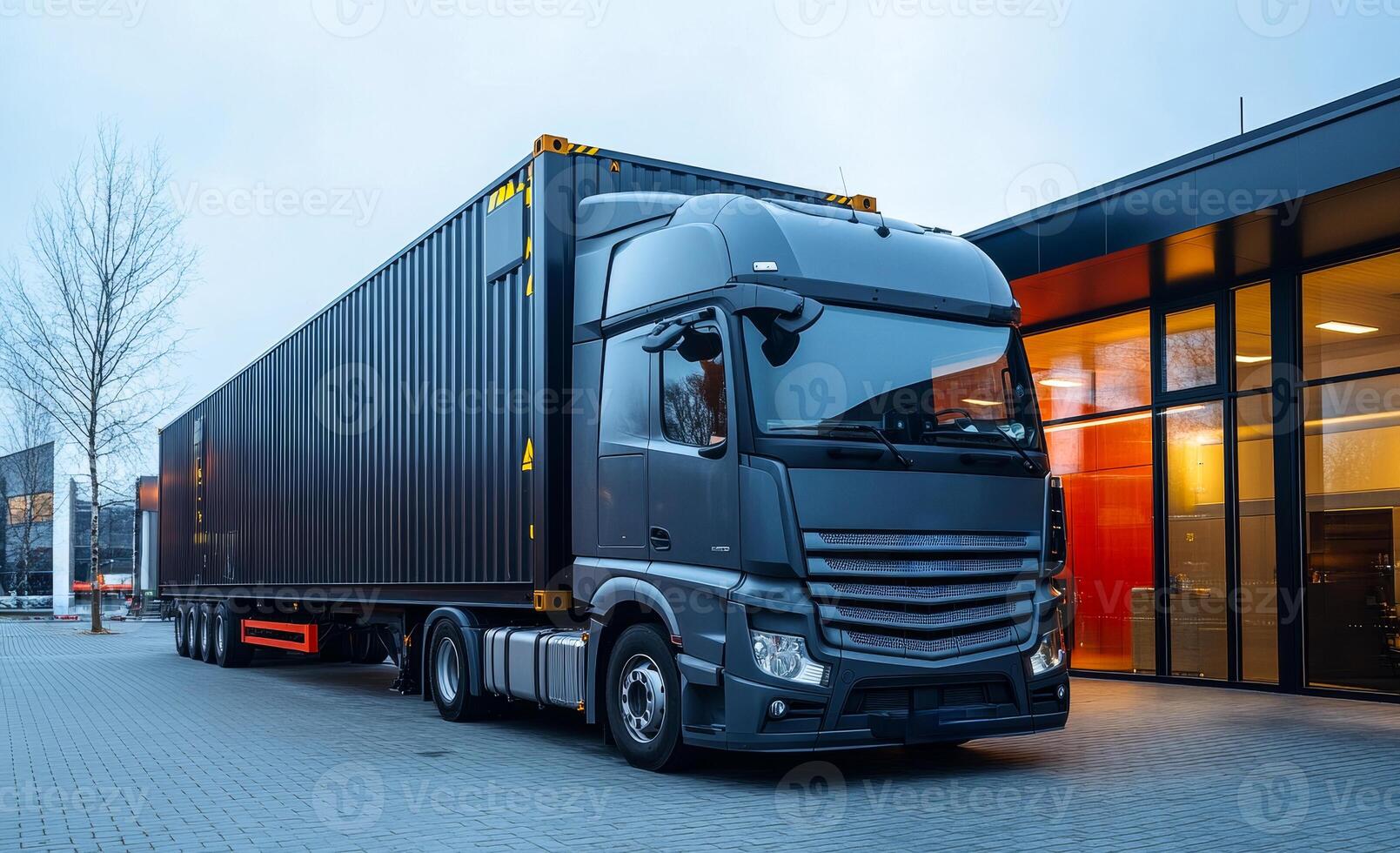 A large semi truck is parked in front of a building. The truck is black and has a large container on the back. The building is red and has a modern design photo