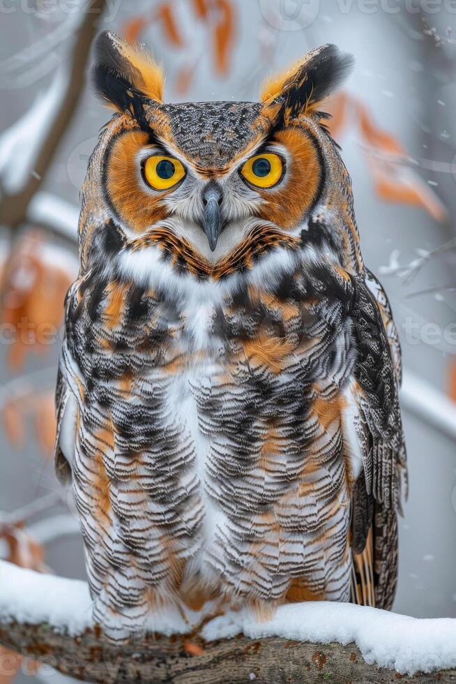 A large owl is perched on a branch in the snow. The owl has a yellow eye and a brown and white body. Concept of stillness and quietness, as the owl is alone and not in motion photo
