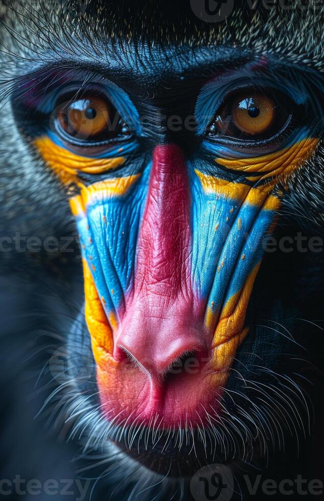 A close up of a monkey's face with a red, blue and yellow nose. The monkey's eyes are open and staring at the camera photo