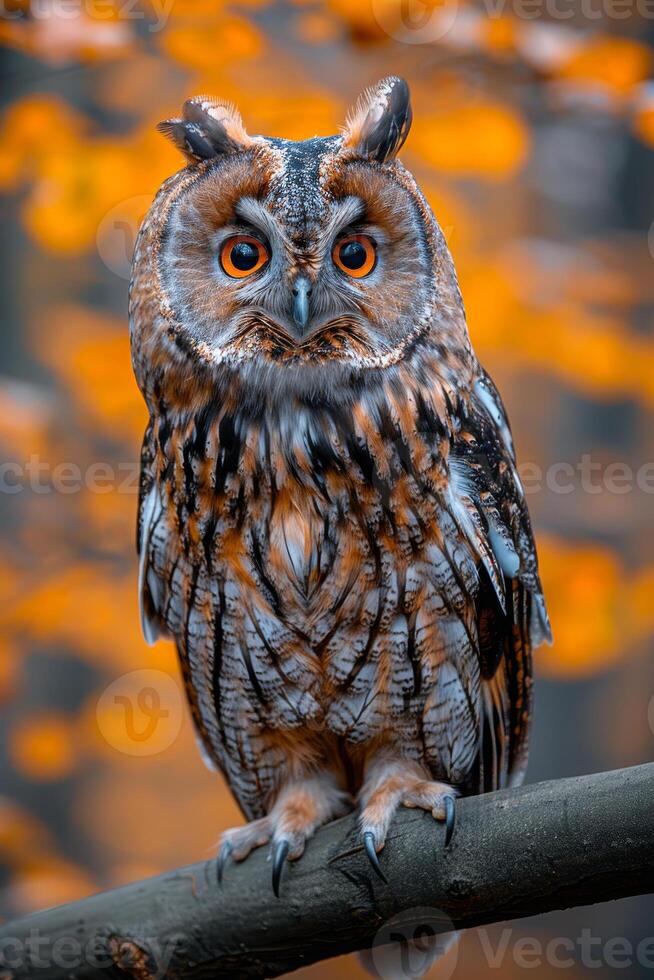 A brown owl is perched on a branch, staring at the camera. The image has a warm, autumnal feel, with the orange leaves in the background adding to the cozy atmosphere photo