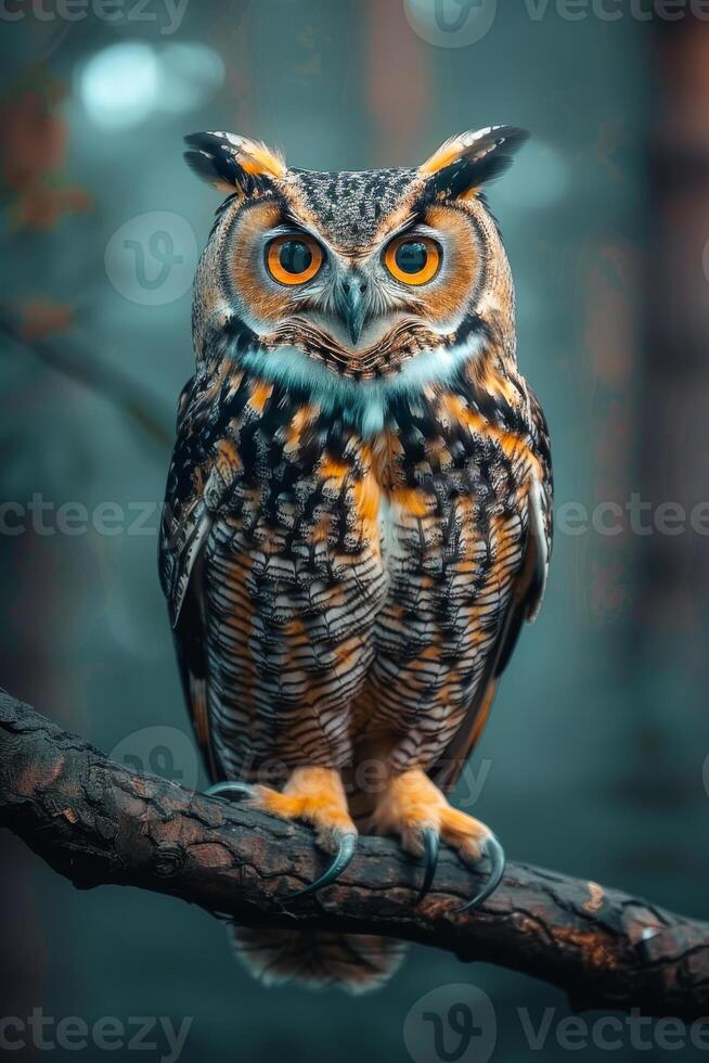 A large owl is perched on a tree branch, looking directly at the camera. The image has a serene and peaceful mood, as the owl appears to be calmly observing its surroundings. The owl's large eyes photo