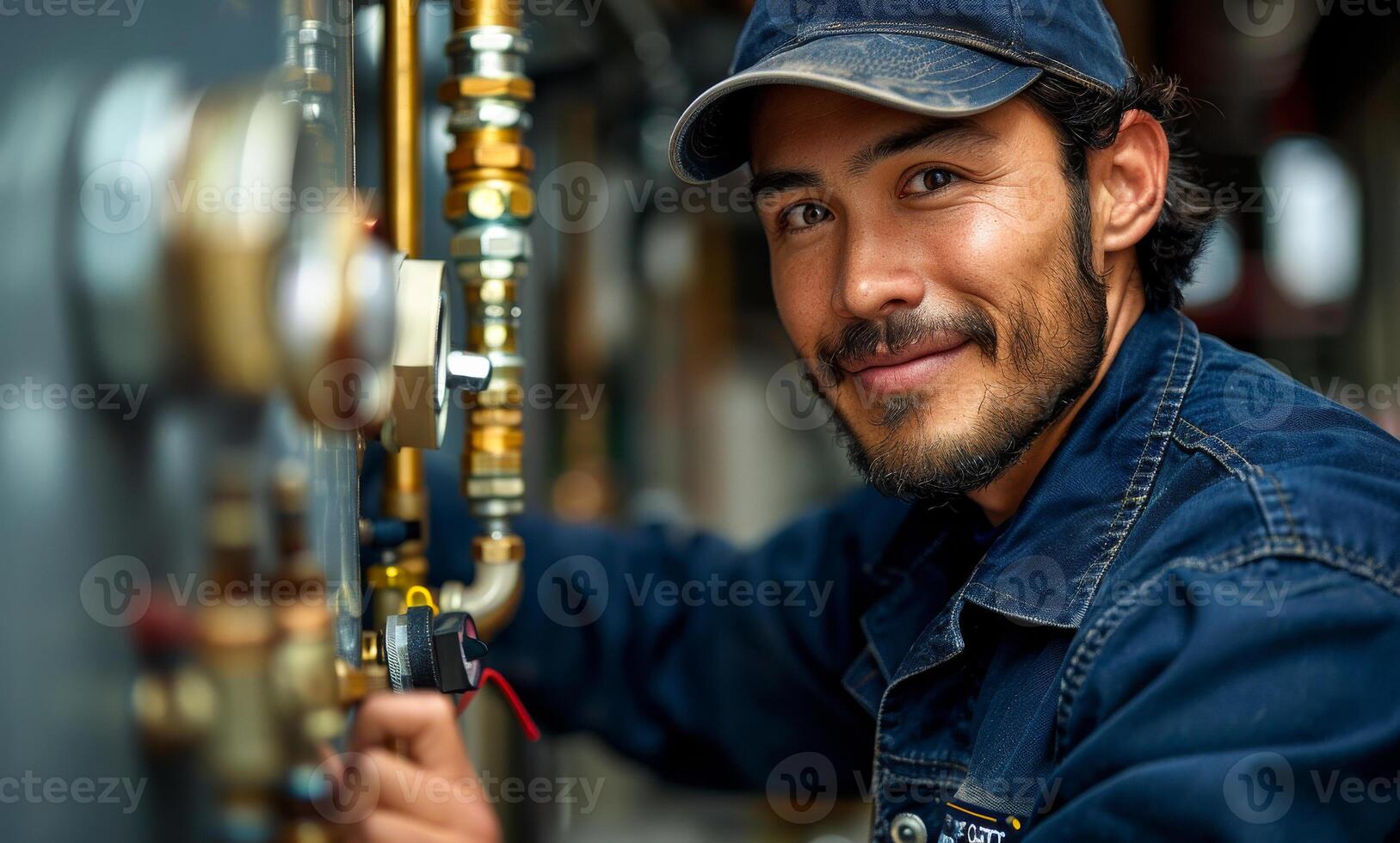 A man in a blue shirt is smiling and fixing a pipe. Concept of satisfaction and accomplishment as the man works on the task at hand photo