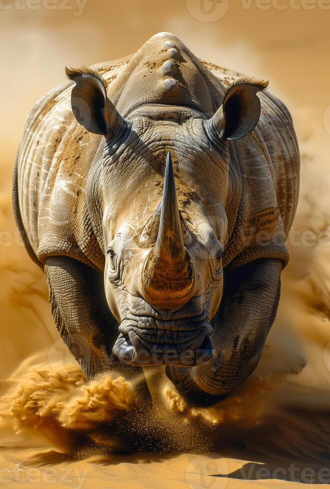 A rhino is running through the desert, kicking up sand as it goes. The scene is intense and dramatic, with the rhino's powerful movements and the swirling dust creating a sense of motion and energy photo