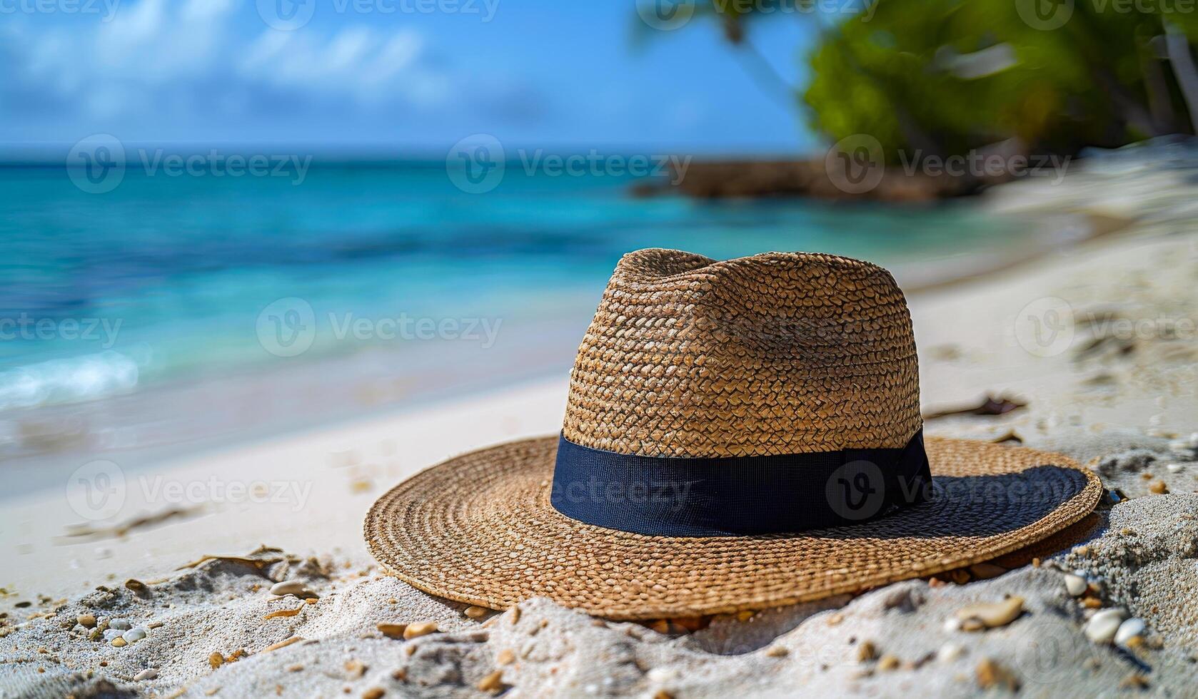 A straw hat is laying on the sand at the beach. The hat is open and the brim is down. The beach is calm and peaceful, with the ocean in the background photo