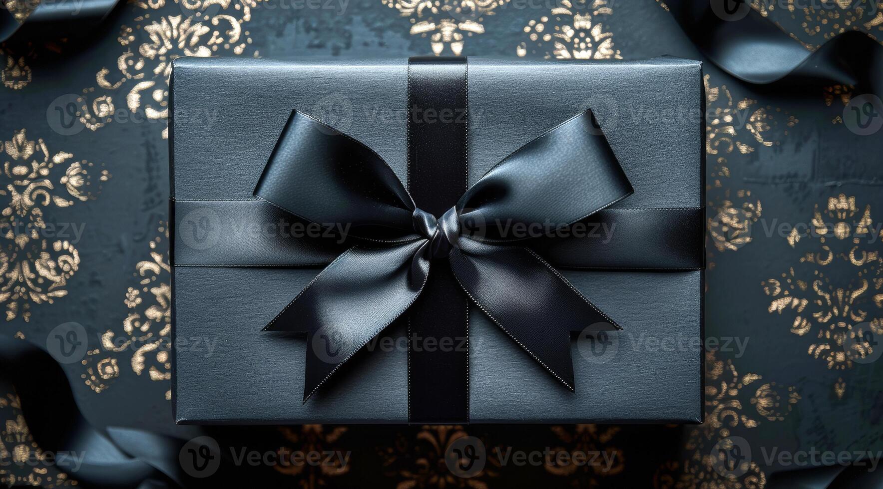 A black box with a bow on top of it. The box is placed on a table with a gold and black patterned cloth photo