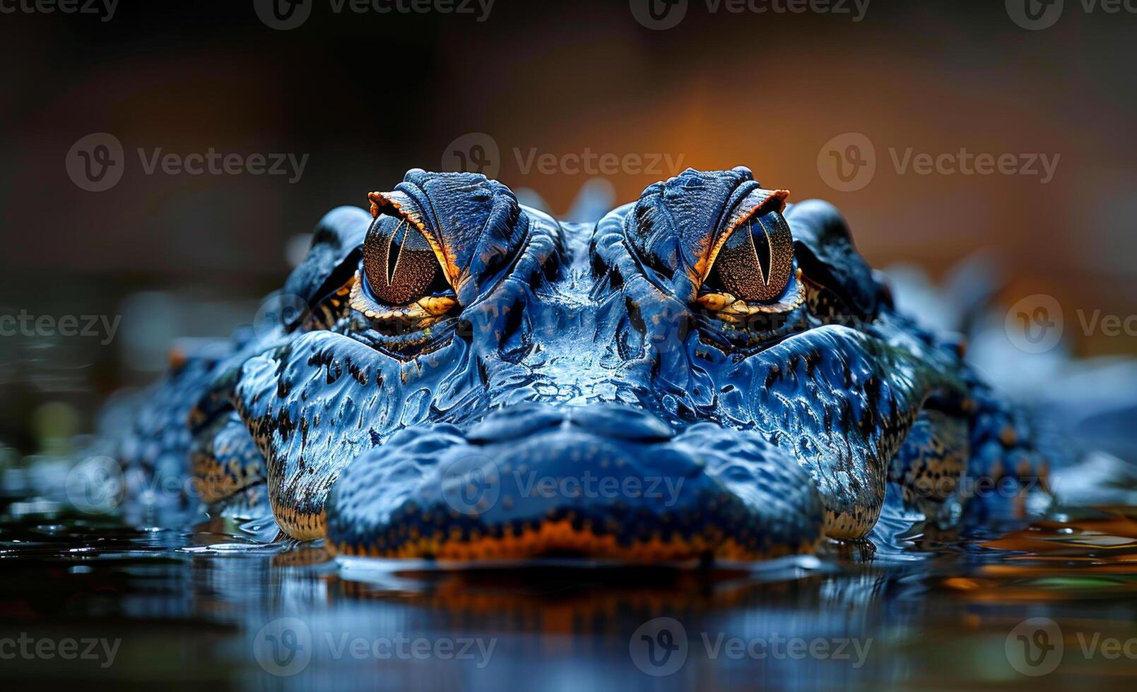 A close up of a crocodile's face in water. The blue color of the crocodile's face is striking and the water is calm photo