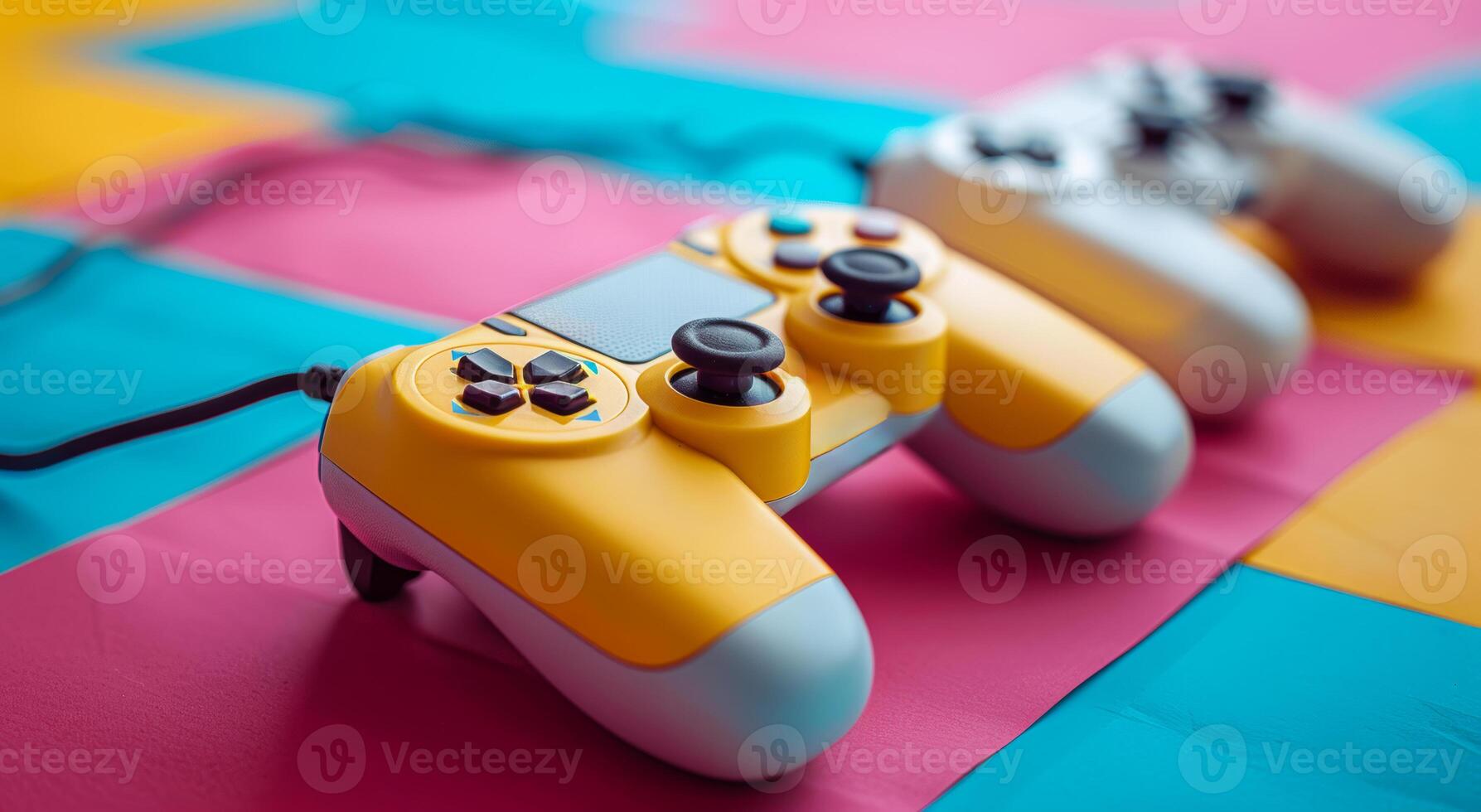 Three yellow and white game controllers are laying on a colorful background. The controllers are placed in a row, with the yellow one in the middle and the white one on the right photo