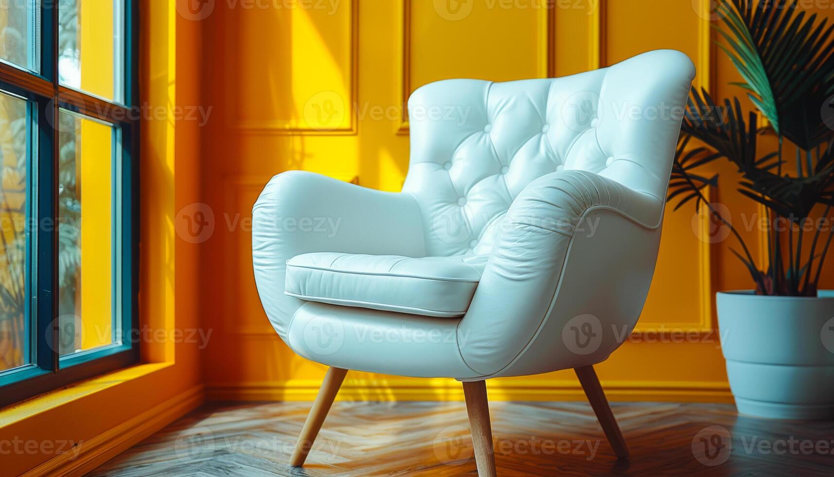 A white chair is sitting in front of a yellow wall. The chair is facing a window with a potted plant in the background. The room has a bright and cheerful atmosphere photo