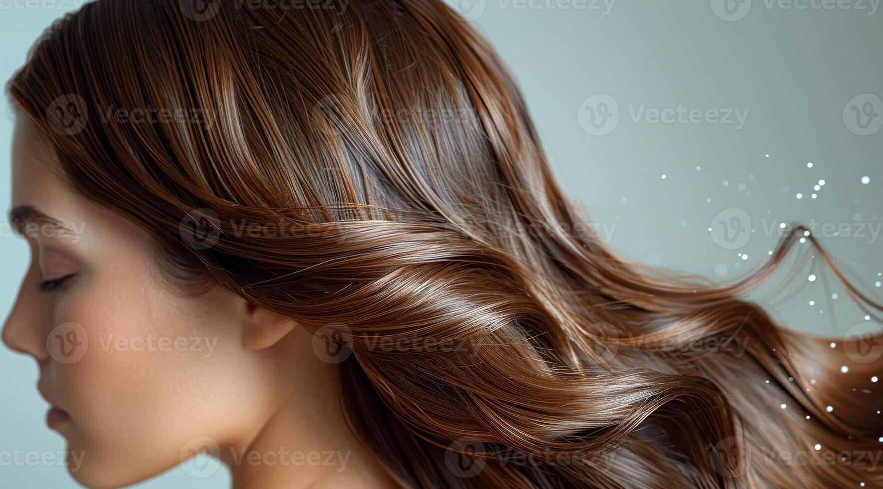 A woman with long brown hair is shown with a sparkly effect. The hair is styled in a way that it is flowing and has a shiny, healthy look. Scene is one of beauty and elegance photo