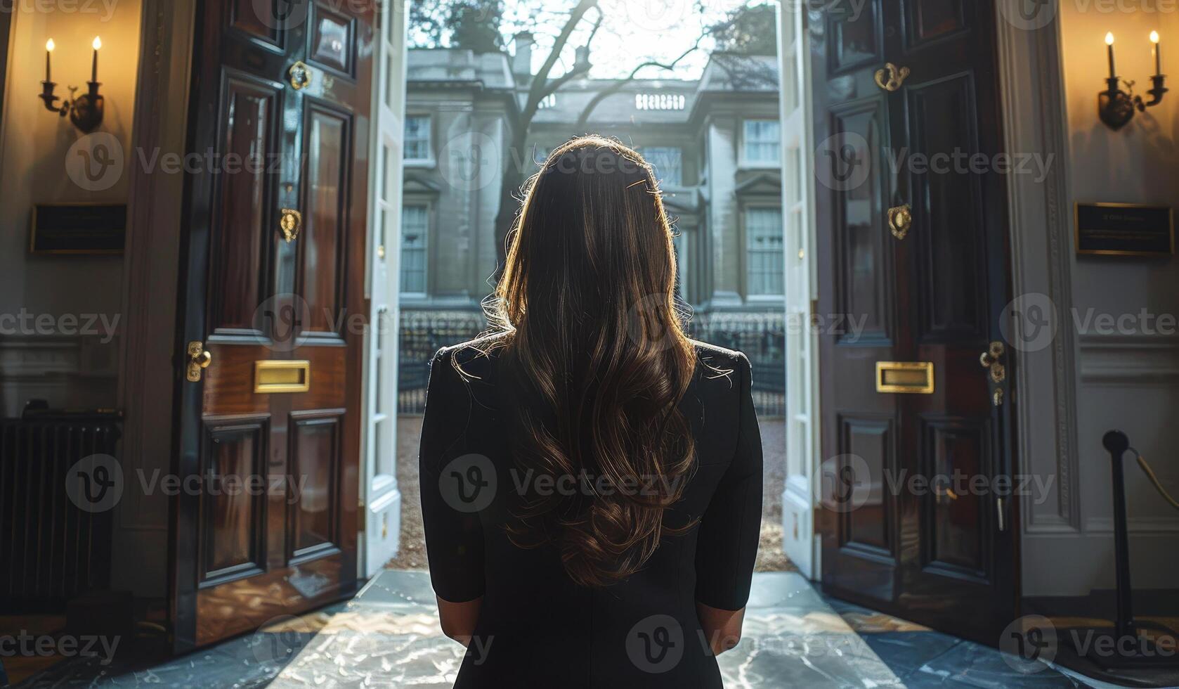 A woman in a black dress stands in front of a door. The door is open, and the woman is looking out of it. The scene is set in a building with a lot of windows photo