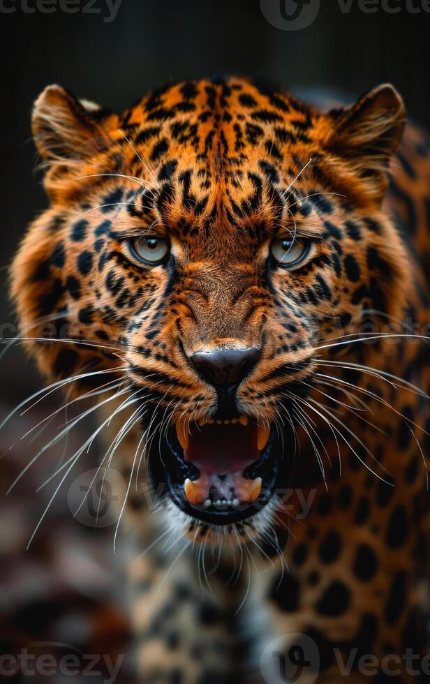 A leopard is shown with its mouth open and teeth bared. Concept of danger and aggression, as the leopard appears to be ready to attack photo
