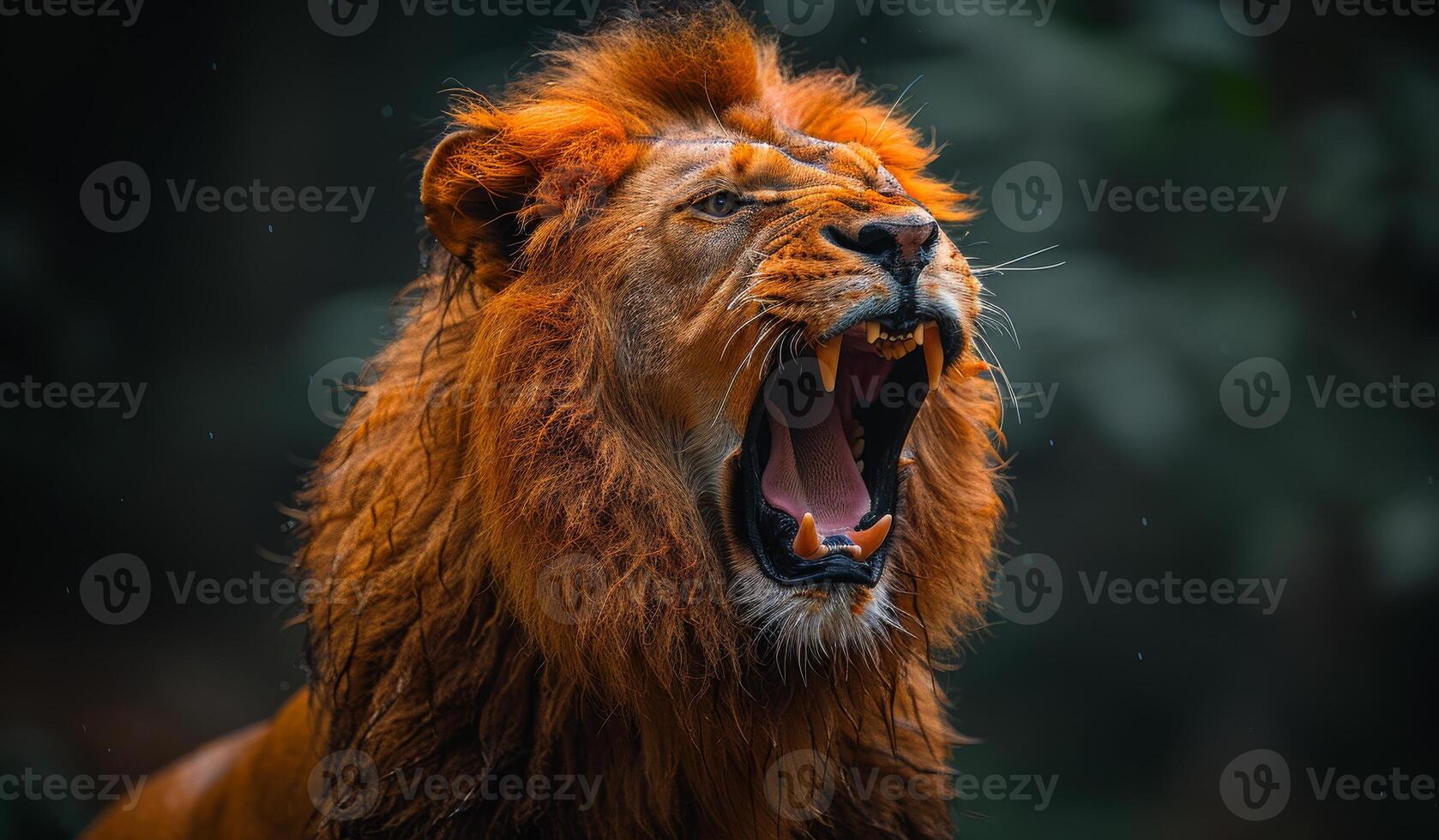 A lion is roaring in the wild. The lion is in a forest with trees and bushes. The lion is in a wild state, and it is showing its teeth photo