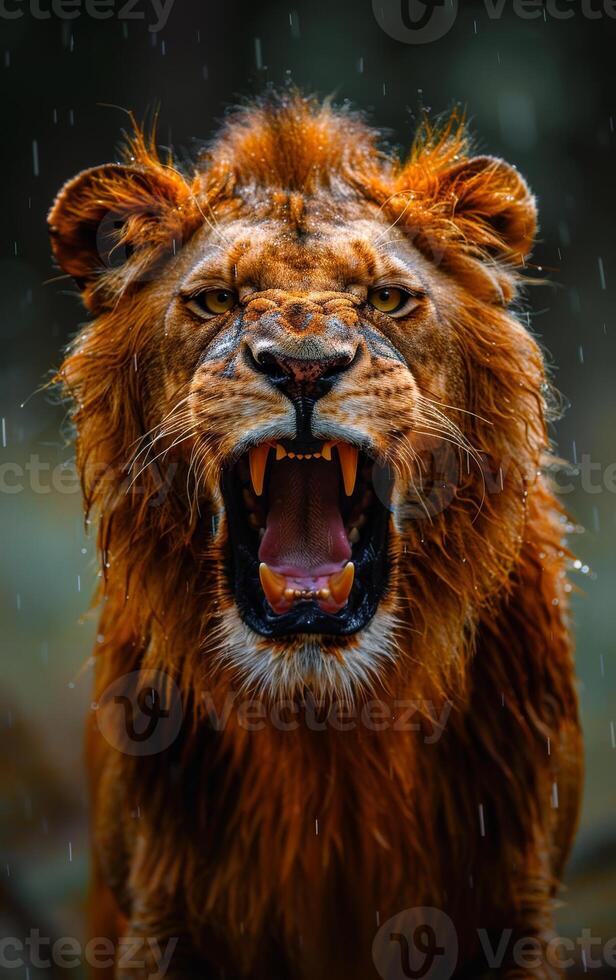 A fierce lion is roaring with its mouth wide open, showing its sharp teeth and intense gaze. The rain is pouring down, adding to the dramatic atmosphere of the scene photo