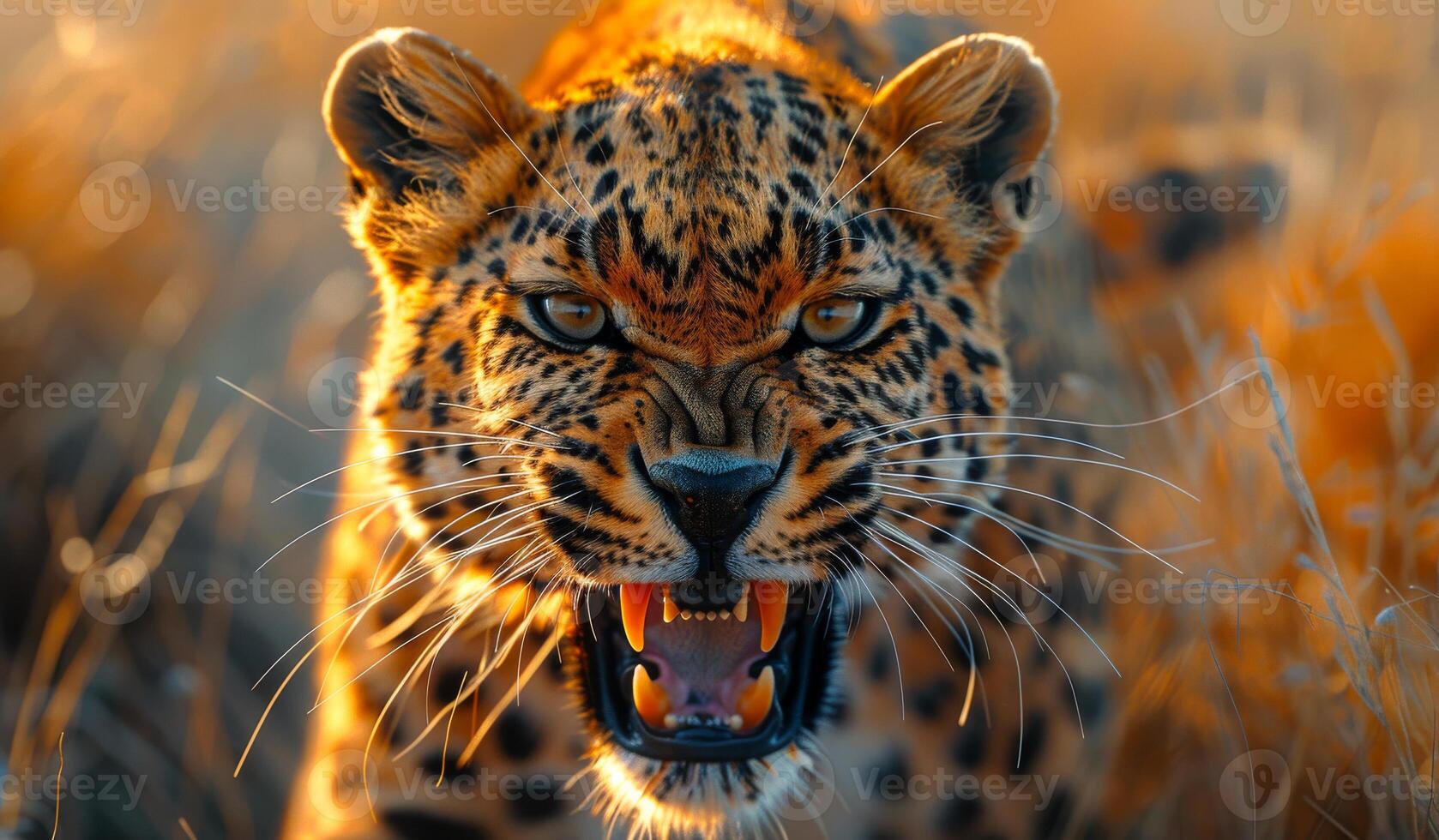 A leopard is shown with its mouth open and teeth bared. Concept of danger and aggression, as the leopard appears to be ready to attack. The yellow and brown colors of the leopard's fur photo