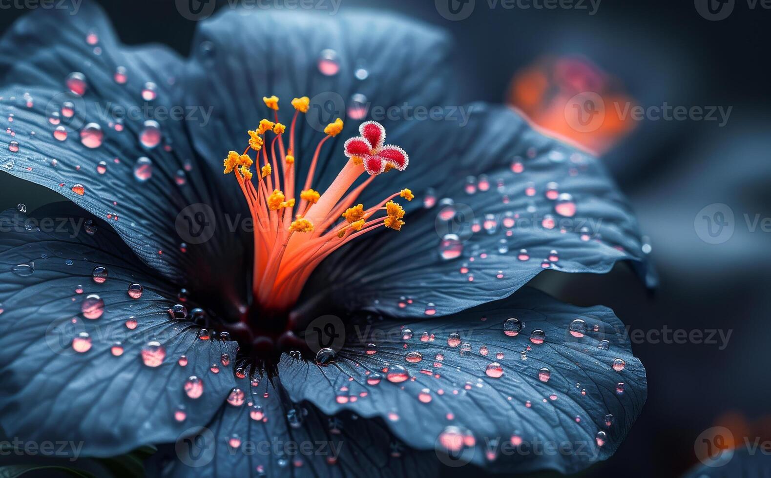 A close up of a black flower with droplets of water on it. The flower is surrounded by a dark background photo