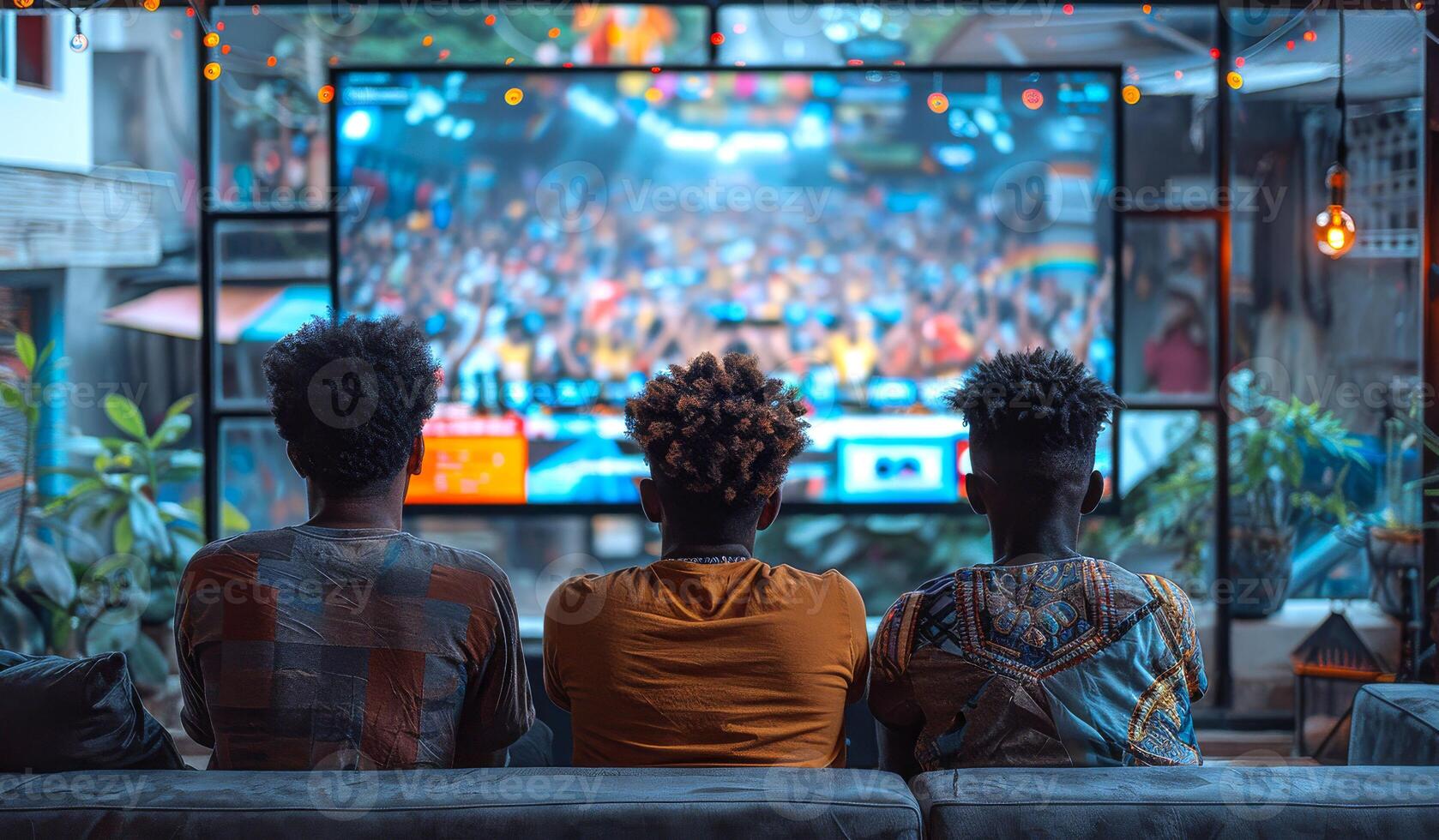 Three people are sitting on a couch in front of a television. The television is showing a concert photo