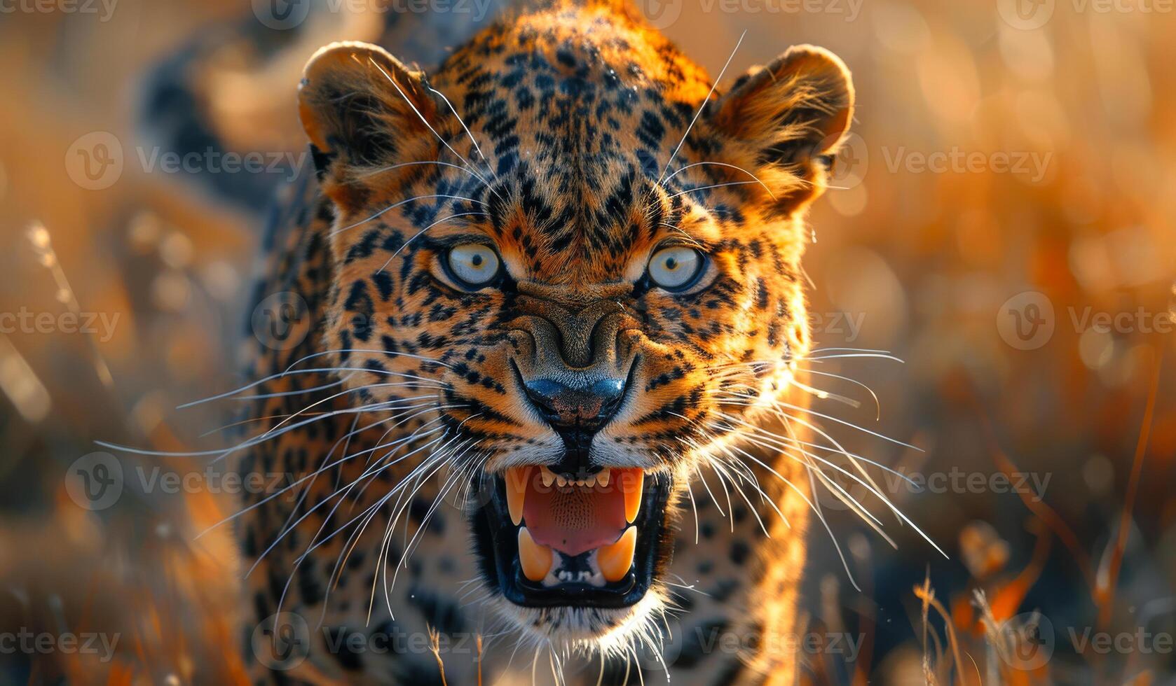 A young leopard is standing in a field with its mouth open, showing its teeth. Concept of wildness and untamed nature, as the leopard is in its natural habitat photo