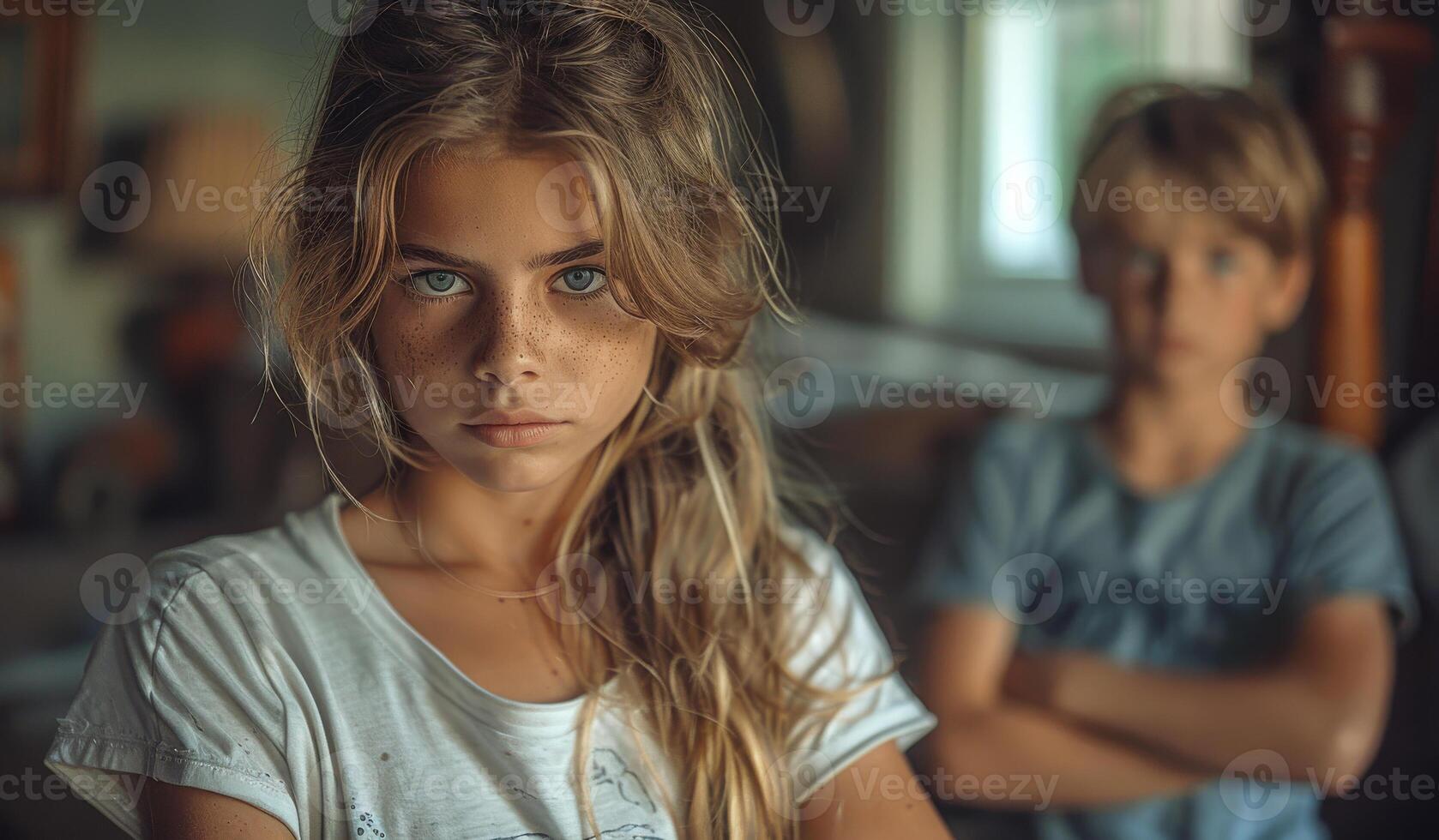 A girl with long hair and a boy with short hair are standing in a room. The girl is looking at the camera with a serious expression on her face photo